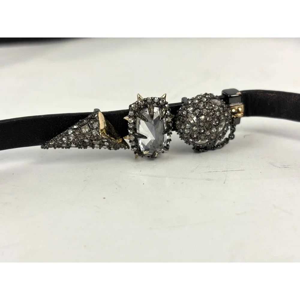 Alexis Bittar Crystal Embellished Black Skinny Leather Belt Gothic‎ Glam 28